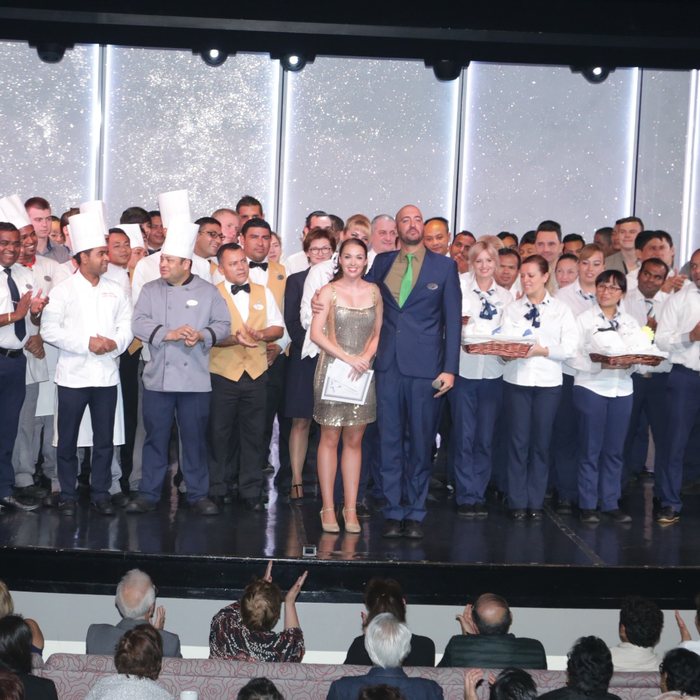 David on stage with the whole crew at the end of the voyage